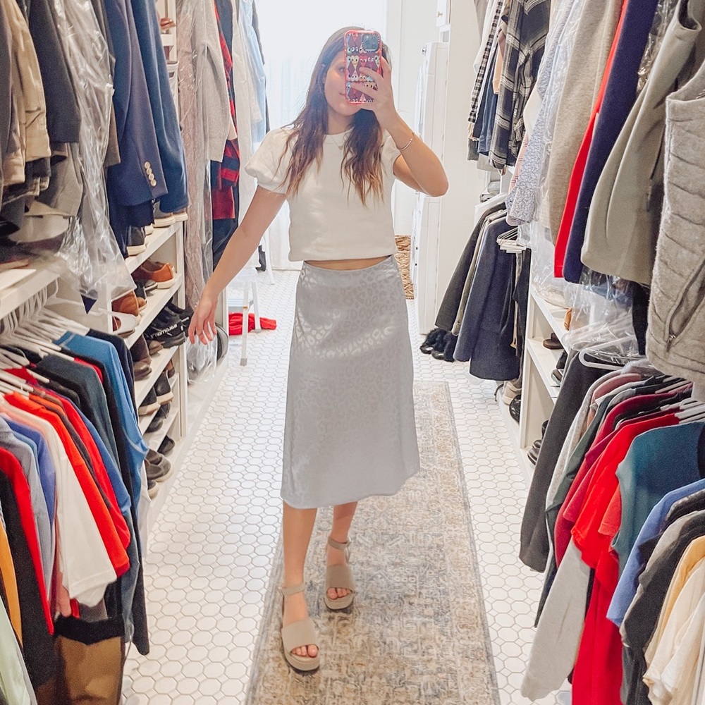 metallic blue cheetah midi skirt